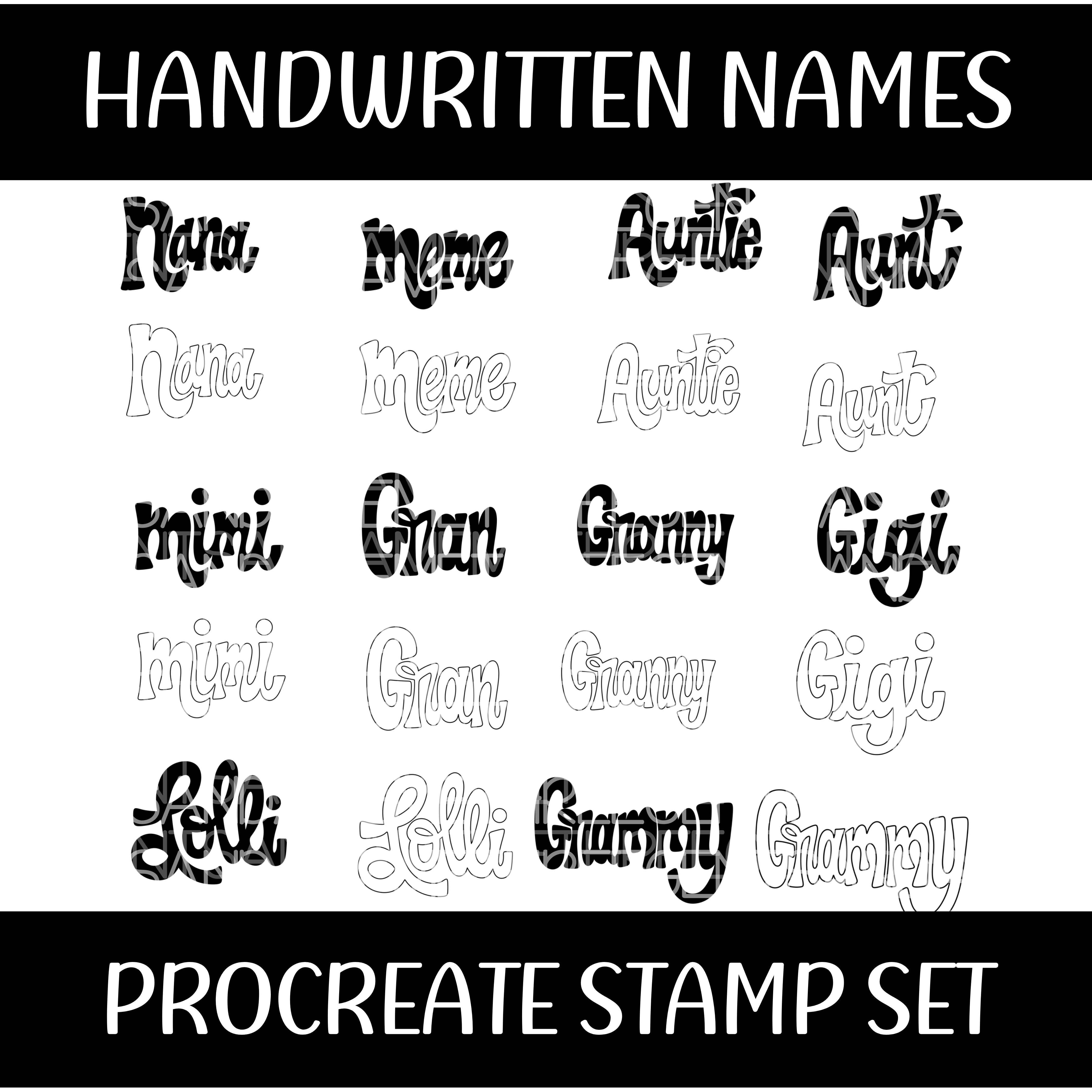 HANDWRITTEN NAMES PROCREATE STAMP SET – threegentsandameme